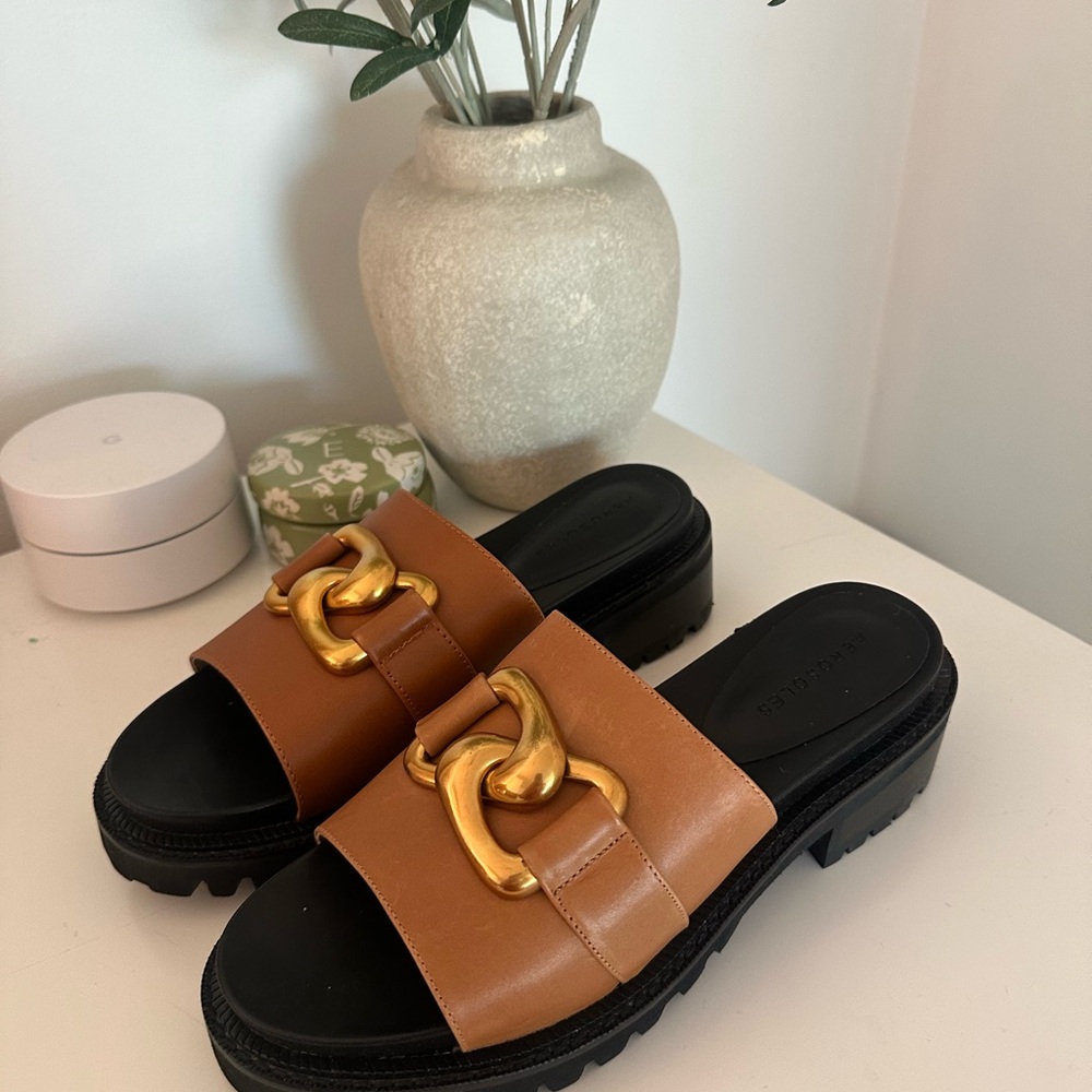 Aersoles Brown Slide Sandals with Gold Accent - Picture 4 of 5